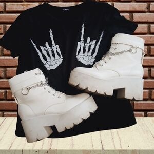 Edgy Black Graphic Tee and White Platform Boots